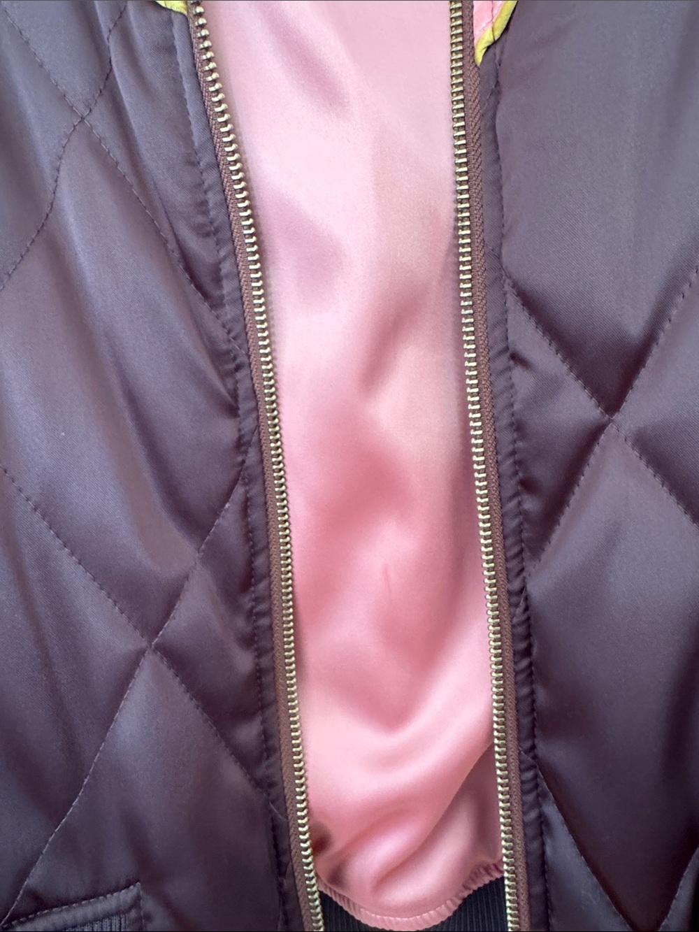 Brown Quilted Bomber Jacket with Pink Chevron Accents - Picture 5 of 6